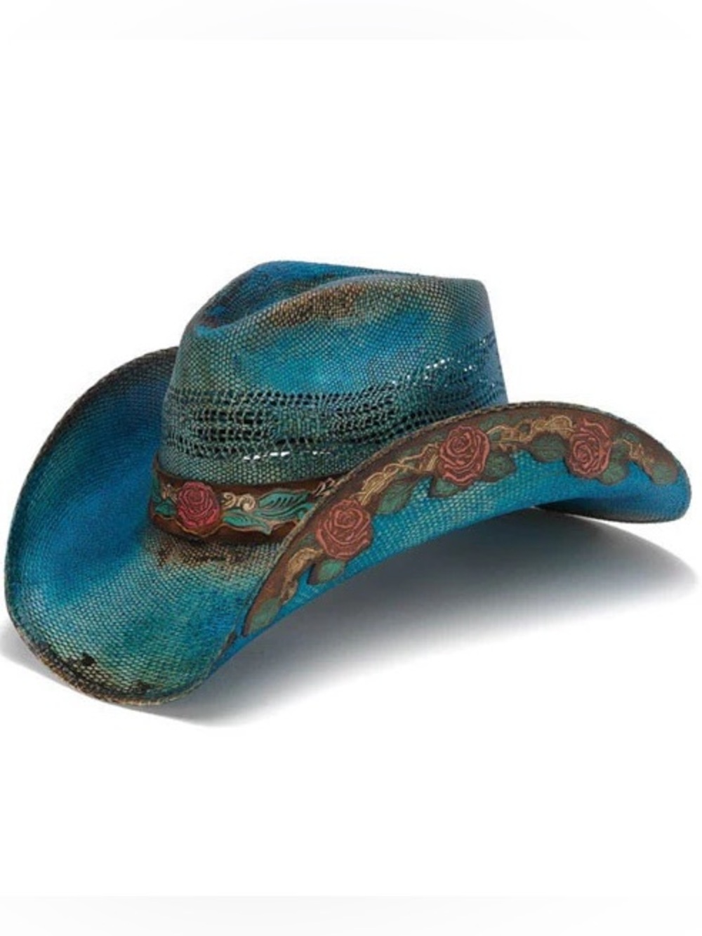 Stampede Blue Turquoise Leather Roses Cowgirl Western Rodeo Hat Large
